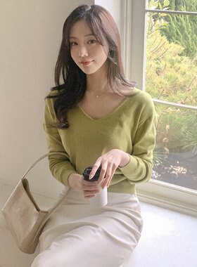 26春季韩式v领针织衫套头女装reine韩国代购短款薄毛衣配裙子