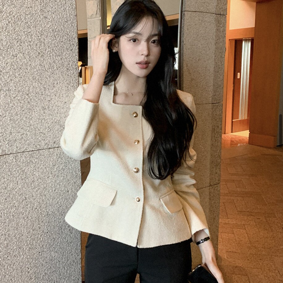 春秋高档粗花呢短外套长袖女装reine正品韩国代购黑色高级小上衣