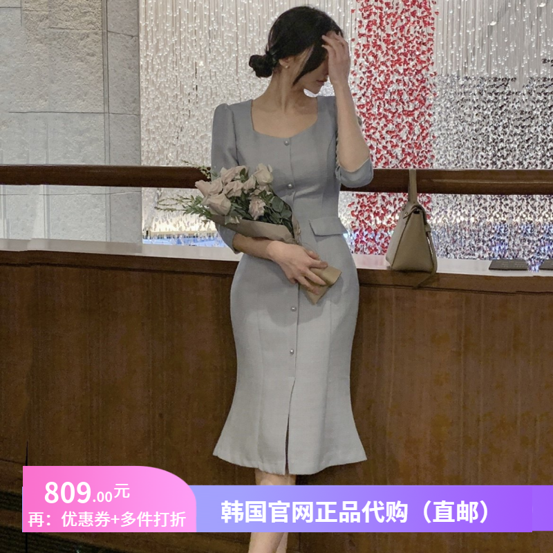 春秋高级粗花呢鱼尾连衣裙七分袖