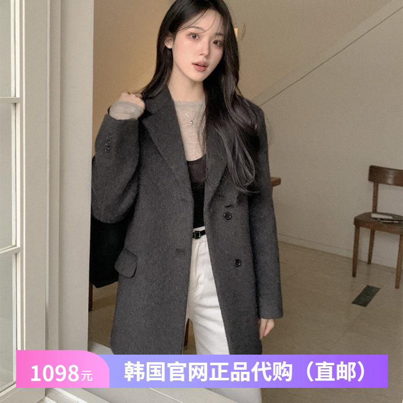 冬季韩式羊毛呢外套宽松女reine官网正品韩国代购西装领呢子大衣