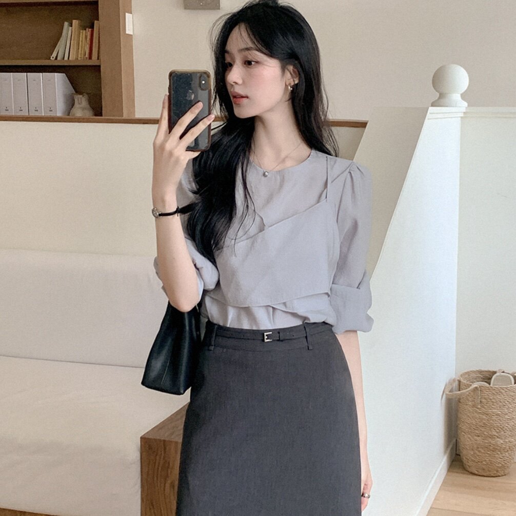 韩国正品减龄衬衫叠穿后背蝴蝶结长袖女式reine官网代购春秋上衣