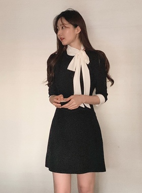 25春秋高档拼色飘带连衣裙中袖女fromdayone韩国代购新款修身短裙