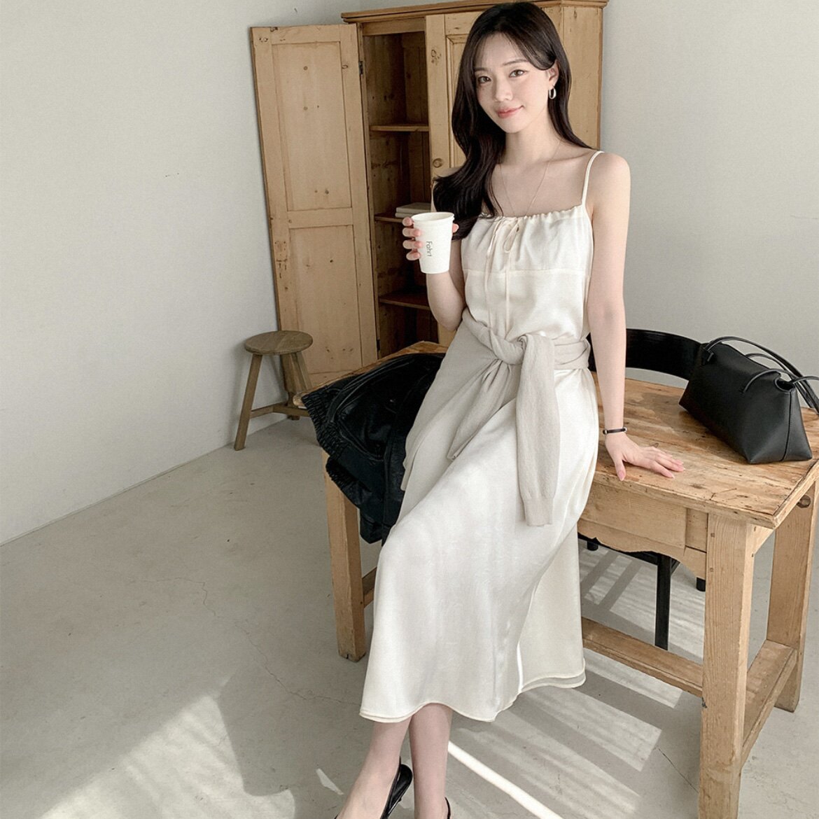 韩国正品吊带连衣裙少女感reine官网代购春夏季穿搭收腰显瘦长裙