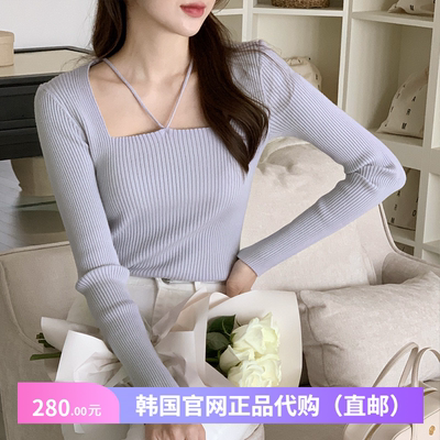 设计感挂脖针织衫女修身显瘦上衣Attrangs正品韩国代购春秋短毛衣