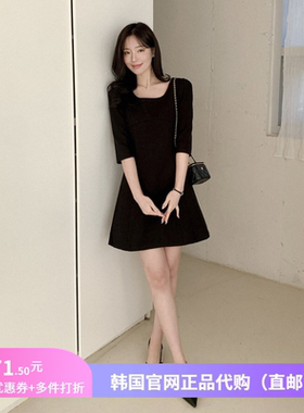 26春季黑色连衣裙中袖女reine正品韩国代购收腰基本款a字裙小个子