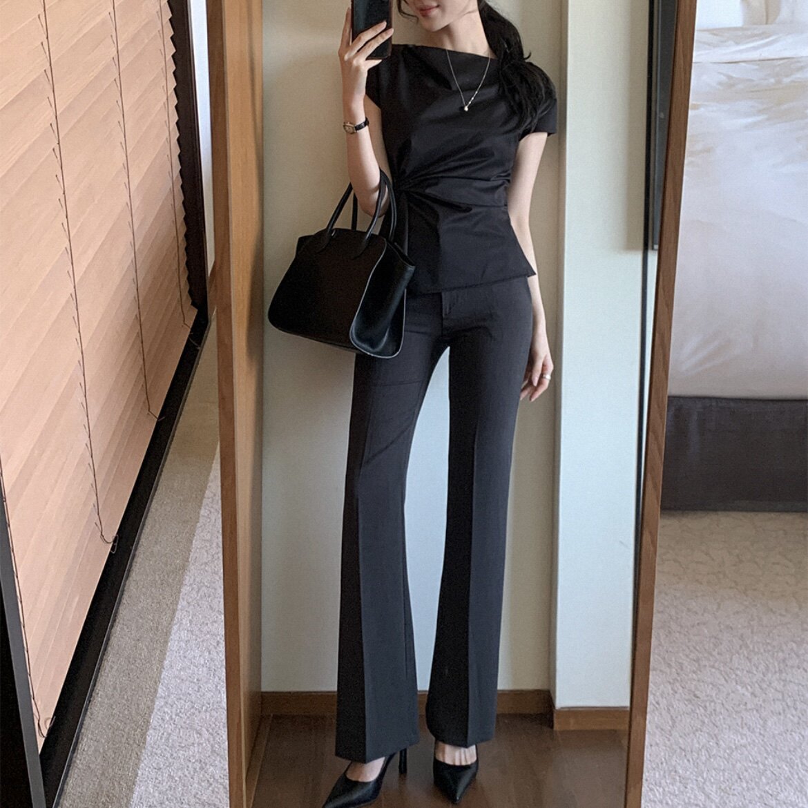 韩国官网夏季黑色西裤修身显瘦女reine正品代购通勤气质直筒长裤