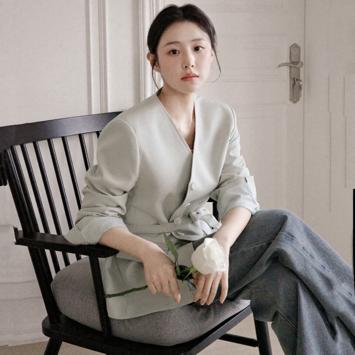 26春秋高级感v领西装外套女装attrangs正品韩国代购无领西服上衣