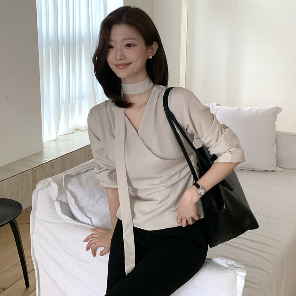 韩国reine正品衬衫系带v领长袖女代购春秋穿搭优雅知性气质美上衣