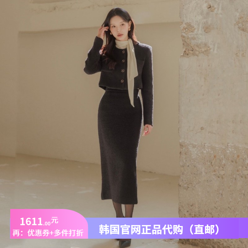 春秋冬季高档粗花呢连衣裙套装女正品韩国代购气质通勤羊毛呢裙子