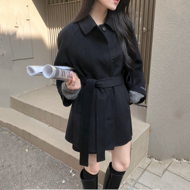 冬季高档黑色羊毛呢外套韩式慵懒风女reine正品韩国代购宽松大衣