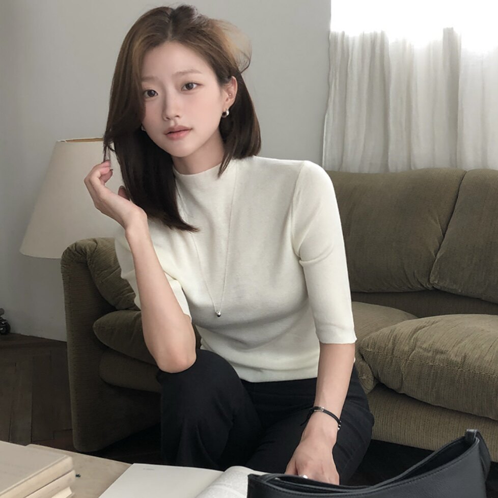 韩国reine正品半高领针织衫半袖初秋女式官网代购初秋款上衣内搭