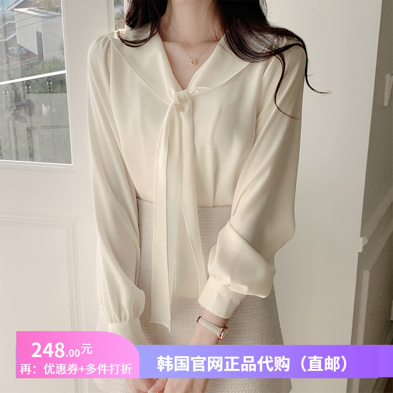 春秋甜美法式系带衬衫女长袖attrangs正品韩国代购设计感韩式小衫