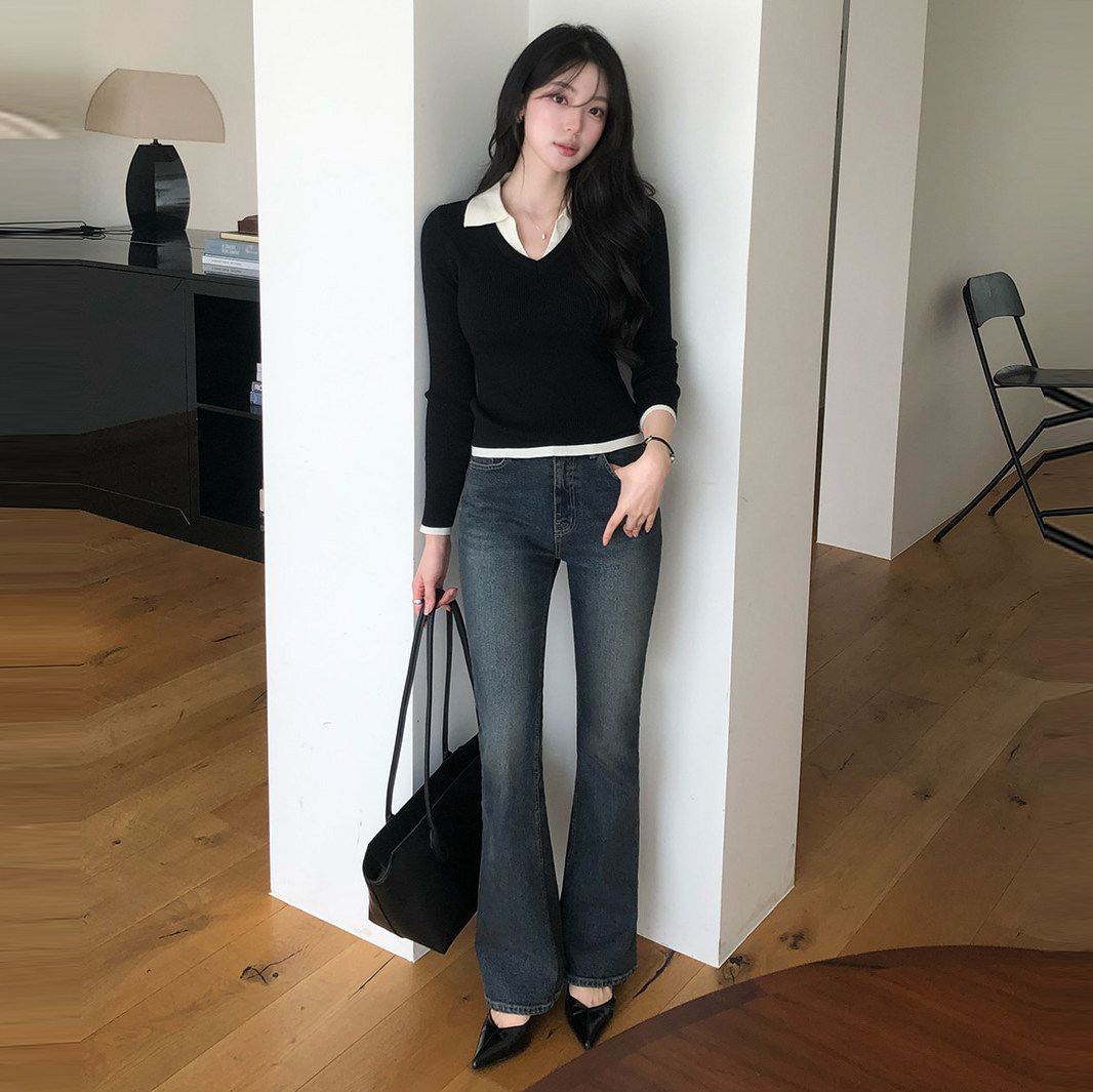 韩国正品深蓝色牛仔裤微喇叭显瘦女reine代购春夏秋高级气质长裤