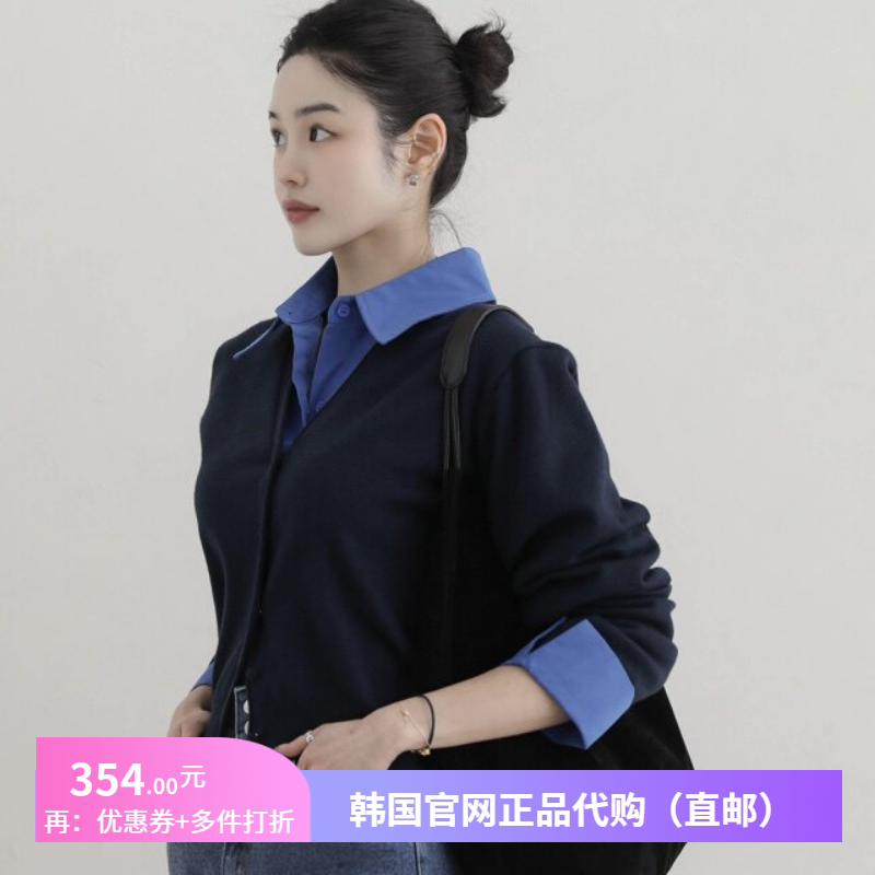 26春季知性气质针织衫开衫拼色女正品韩国代购时尚减龄毛衣短外套