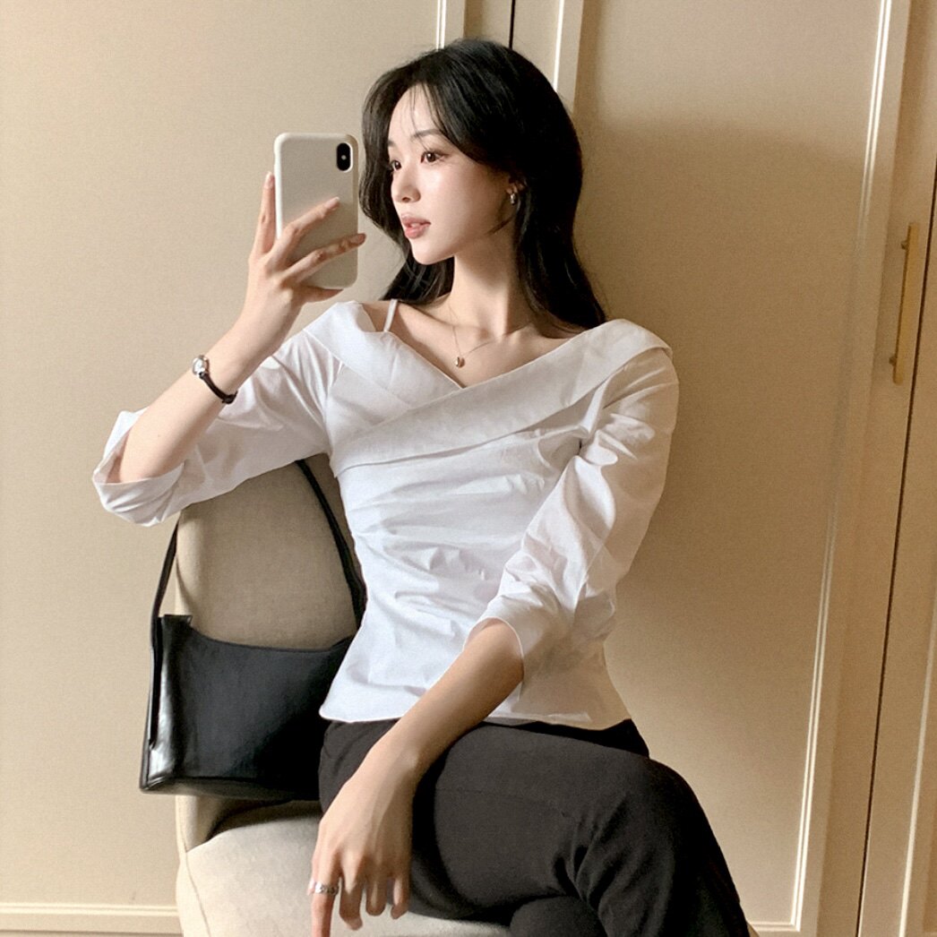 26春秋高级设计感衬衫褶皱收腰女reine正品韩国代购长袖韩系上衣