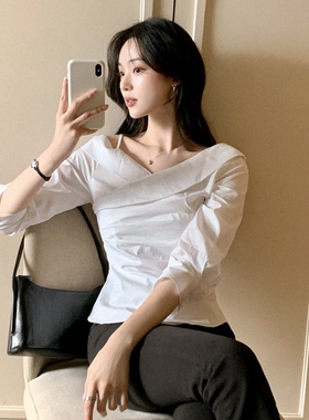 26春秋高级设计感衬衫褶皱收腰女reine正品韩国代购长袖韩系上衣