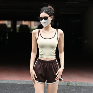 Beemen无缝一体织固定杯螺纹运动背心女外穿日常撞色凉感瑜伽上衣