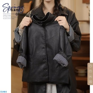 亲子装 女童时尚 风衣夹克衫 皮格子pu拼接春秋皮衣款 外套2025 中长款