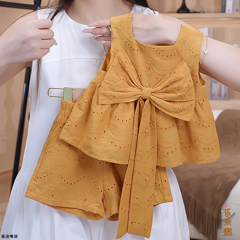 女童镂空娃娃衫短裤套装2025新款夏季背心无袖蝴蝶结甜美风衬衫薄