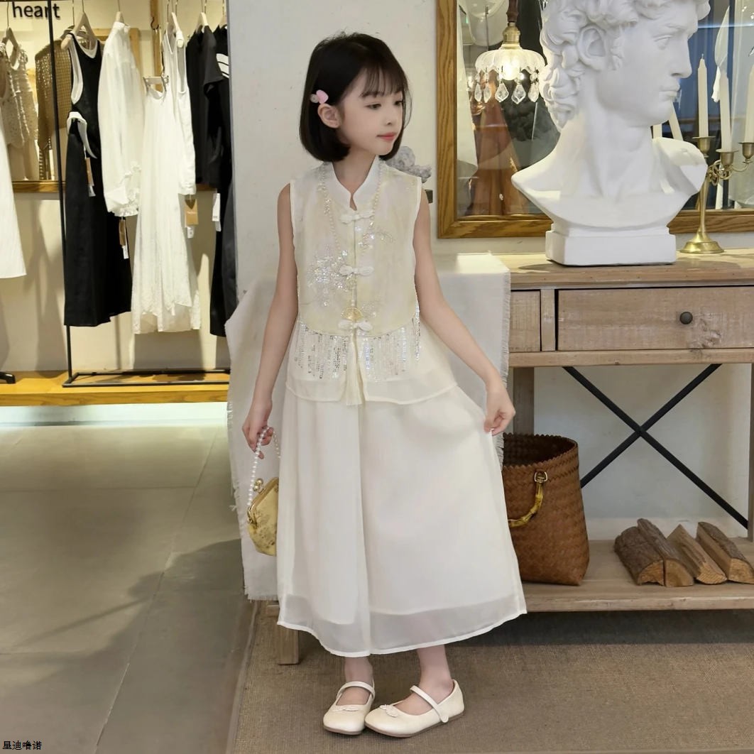 女童无袖国风阔腿裤套装2025夏季新中式刺绣重工流苏盘扣马甲裙裤