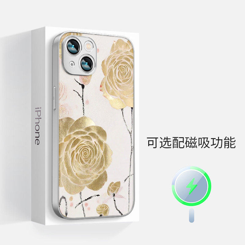 适用于苹果iphone16promax磁吸手机壳15plus女14简约13金玫瑰花新中式国风国潮超薄全包镜头12防摔保护套新款
