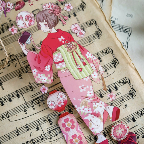 樱花颂 台产PET水晶胶带 E厘米和风人物樱花和服手帐拼贴咕卡装饰