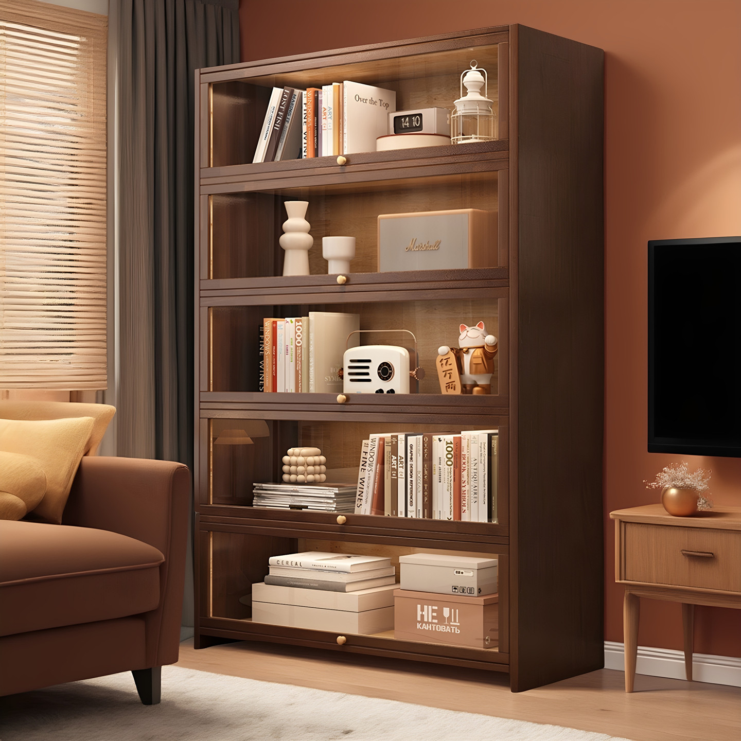 全实木书柜带柜门落地多层展示柜儿童防尘收纳置物储物柜家用书架