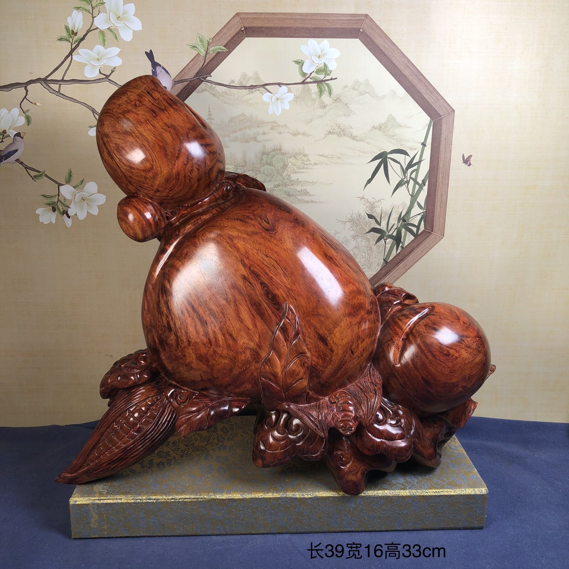 海南黄花梨木雕福寿双全寿桃如意摆件家居电视柜装饰工艺品送礼