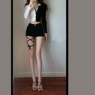 黑色高腰绑带牛仔裤女夏季辣妹修身显瘦设计感小众直筒阔腿短裤子