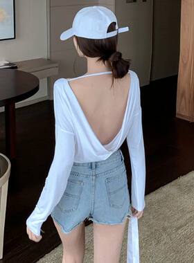 夏天晒后背上衣神器开背三伏天晒背专用衣服漏背露背女士长袖T恤