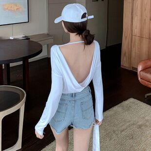 夏天晒后背上衣神器开背三伏天晒背专用衣服漏背露背女士长袖T恤