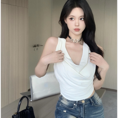 独特别致法式荡领无袖短款上衣高级设计感小众甜辣妹外穿背心女夏