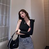 黑色显瘦连体衣T恤打底春款 网红性感单肩长袖 不规则镂空露背修身