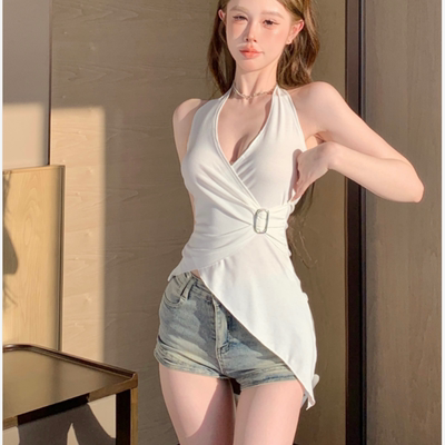 白色交叉系带挂脖吊带背心女夏季纯欲辣妹修身不规则无袖上衣外穿