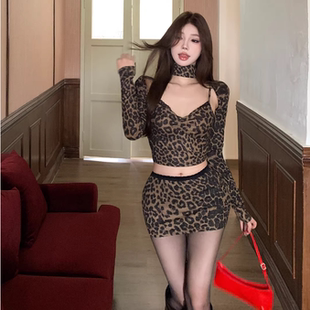 坎肩显瘦包臀半身裙套装 复古性感辣妹风豹纹吊带修身 打底背心长袖