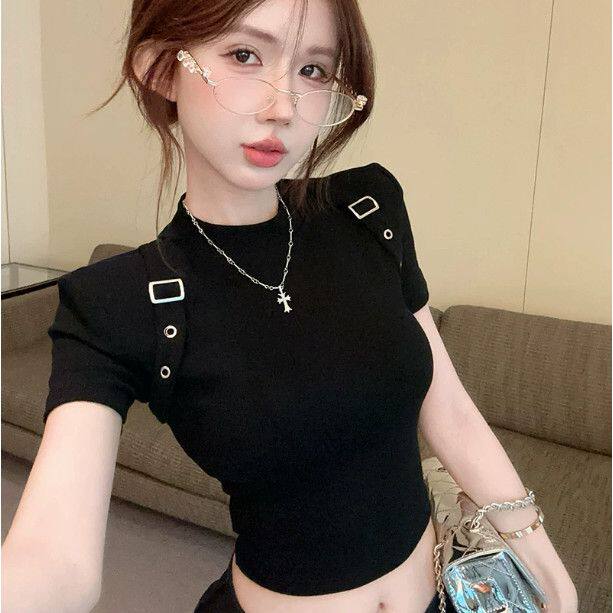 2026新款夏季女美式复古肩带个性T恤时尚潮流辣妹酷飒高级感上衣