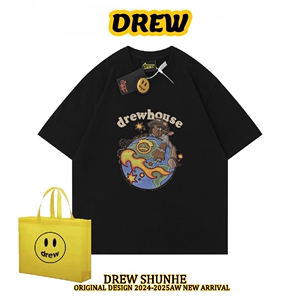 drew笑脸潮牌卡通印花短袖t恤男女情侣装夏季宽松纯棉半袖上衣tee
