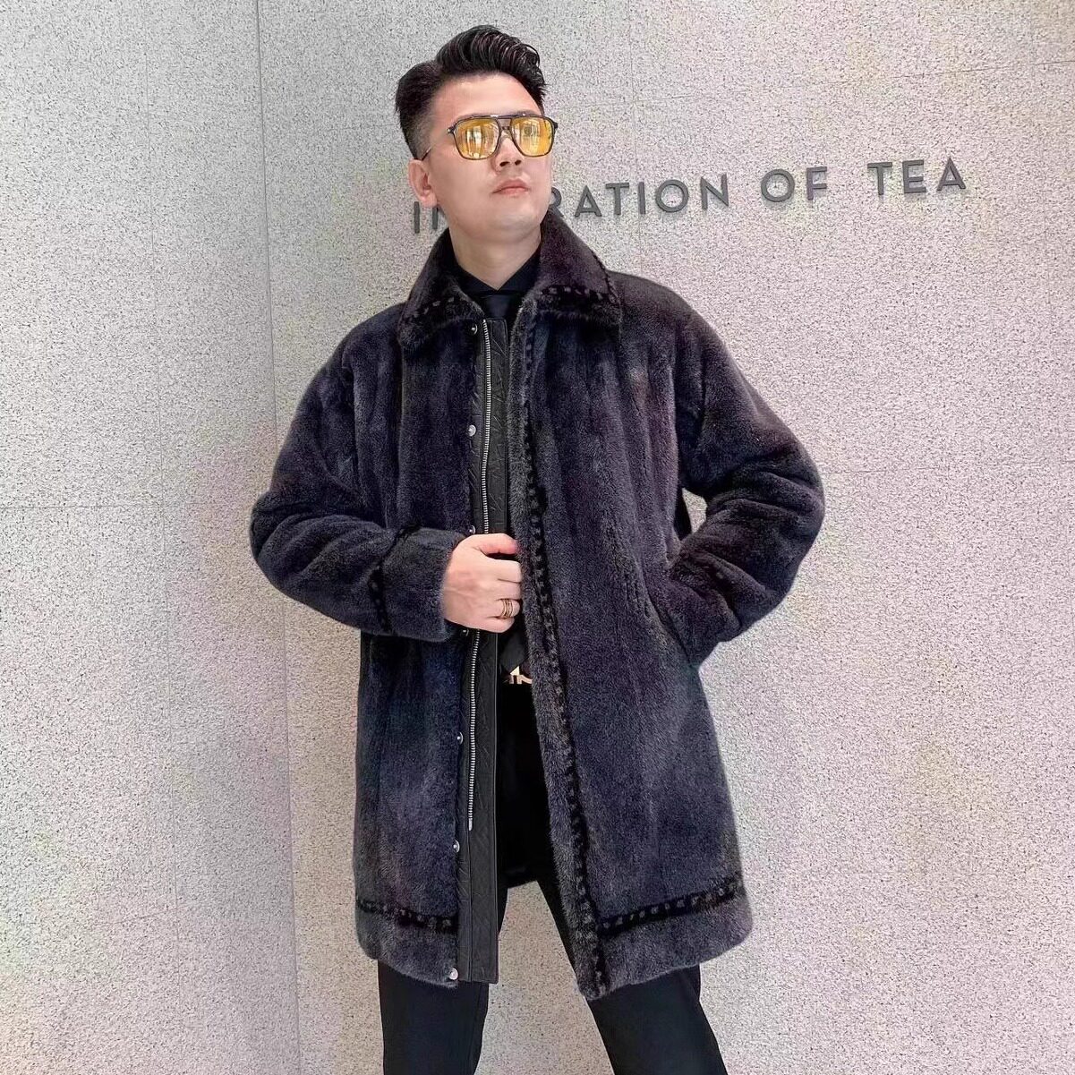 小众设计轻奢个性男装进口紫金小母貂男士中长款外套性感总裁青年