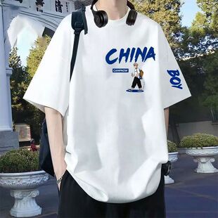 夏季新款重磅纯棉男生短袖T恤字母印花圆领宽松加大码时尚ins