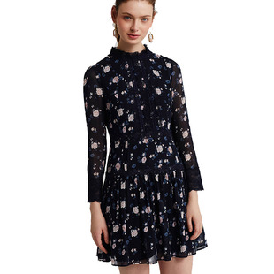 洋气蕾丝长袖 显瘦女装 雪纺碎花连衣裙 清仓24修身 特莱维格娜丝断码