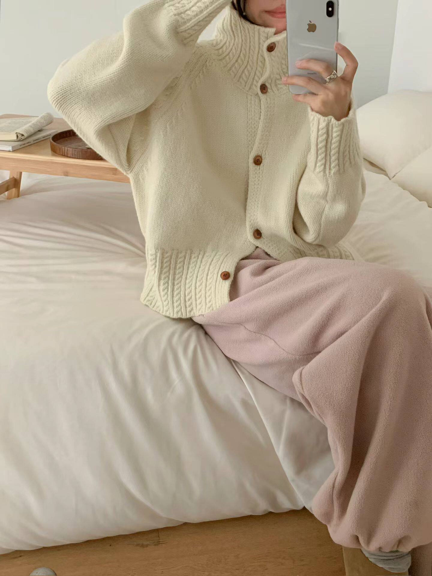 甜美温柔风粉色加厚高领毛衣外套女春秋季2025新款宽松针织衫上衣