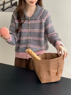 韩系设计感撞色条纹小翻领针织衫上衣女秋冬新款小个子短款毛衣