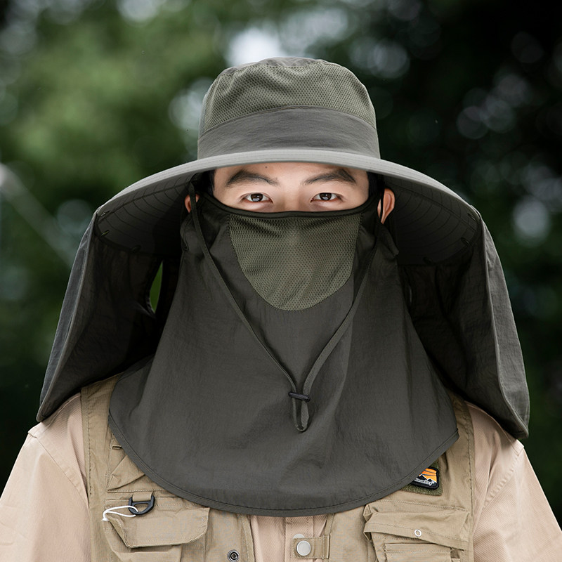 大檐防晒帽子男士夏季紫外线遮脸面罩户登山外钓鱼护脖太阳遮阳帽