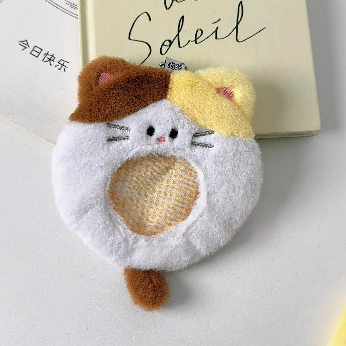 猫咪毛绒圆形卡套可爱卡通证件套纯黑色白色零钱包钥匙耳机包挂饰