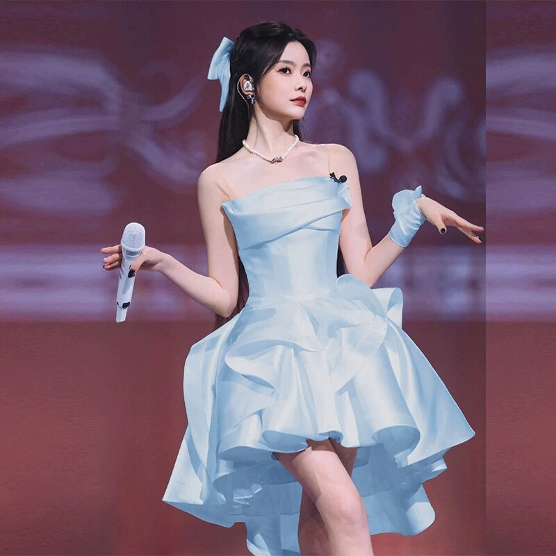 出租蓝色缎面礼服高端轻奢高级感抹胸生日宴会成人礼主持人蓬蓬裙图片