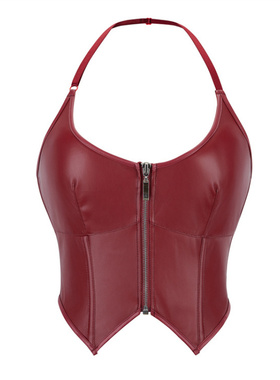 欧美机车制服新款PU皮挂脖拉链女士抹胸托胸塑身上衣corset无袖