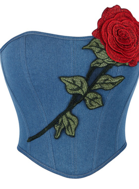 新款蓝色牛仔布车缝玫瑰花女士抹胸托胸聚拢宫廷塑身上衣corset