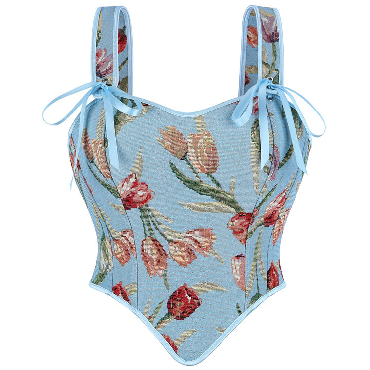新款色织提花花瓣复古宫廷法式田园风花卉图案简约塑身上衣corset
