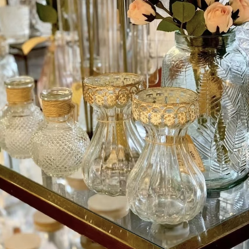 外贸出口复古铁艺花边玻璃花瓶花园杂货日系庭院摆件园艺杂货黑田