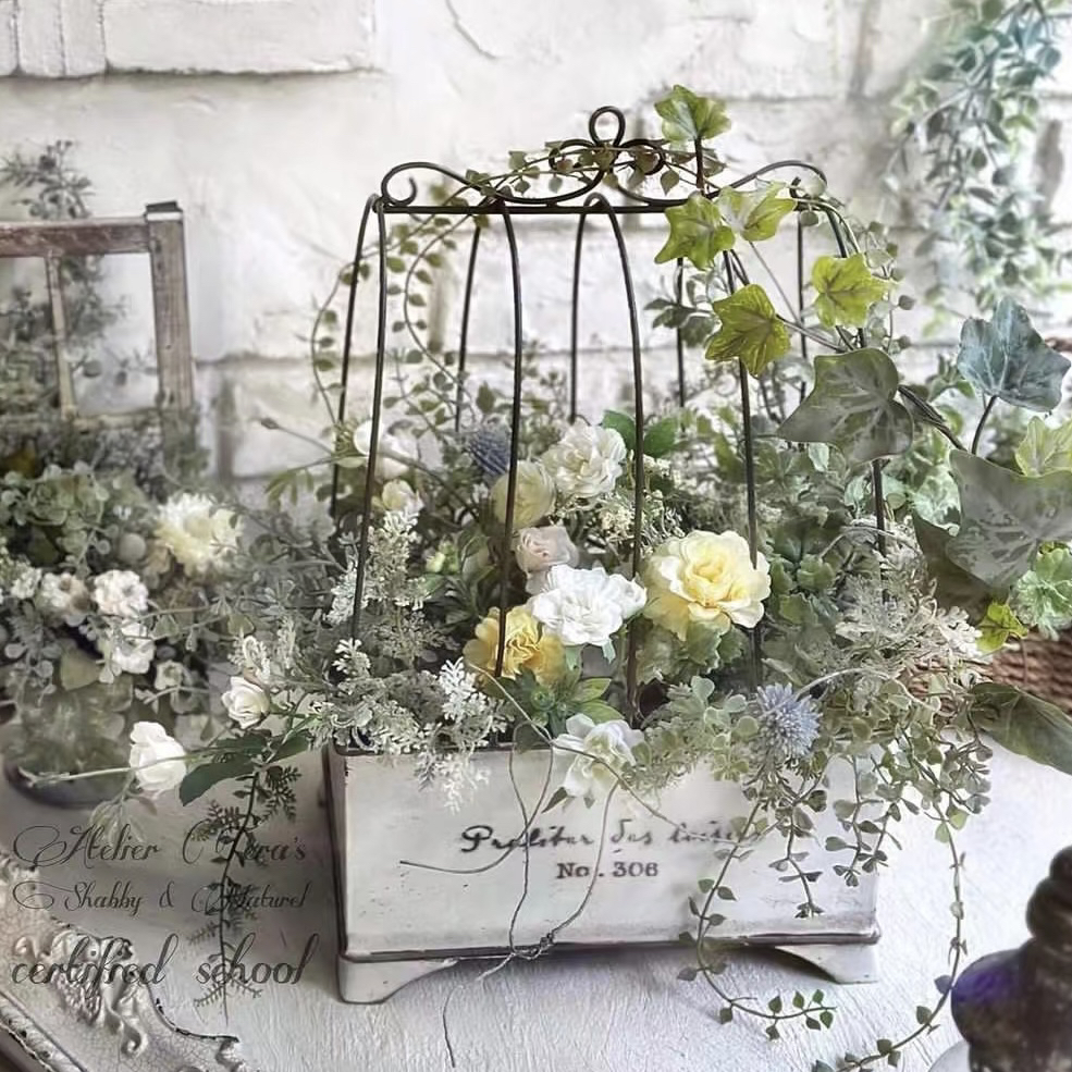 日系铁艺鸟笼复古做旧花园摆件杂货套盆草花 ins组盆花盆挂饰